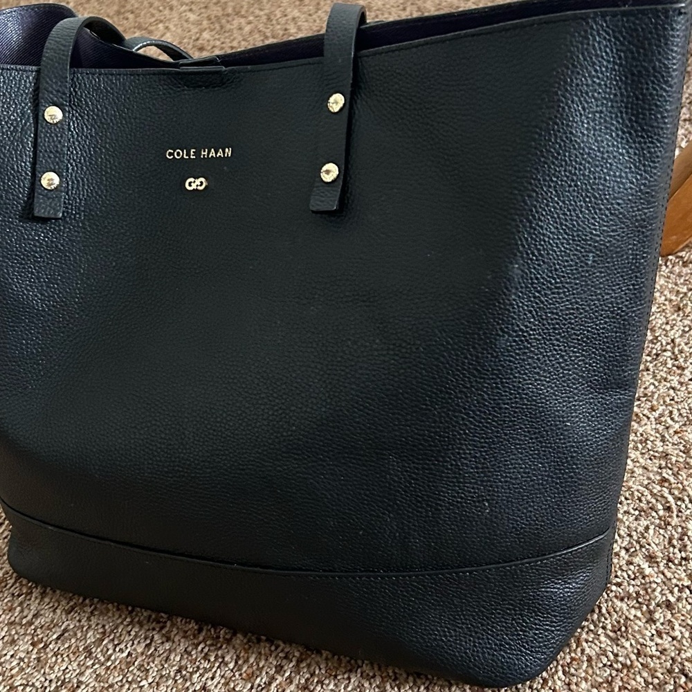 Cole Haan Black Pebbled Leather Tote Shoulder Bag Work Laptop - Picture 5 of 12